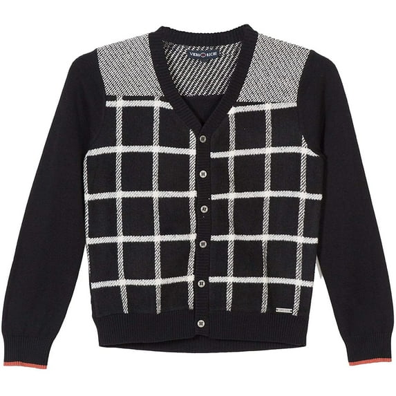 Adam Baker Viero Richi Boys 2370 Button-up Cotton Knit Sweater Cardigan - Black Check - 4