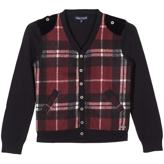 Adam Baker Viero Richi Boys 2372 Button-up Cotton Knit Sweater Cardigan - Black/Red Plaid - 5