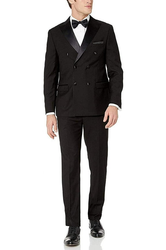 Westend Mens 911023T137 Slim Fit Double Breasted Peak Lapel Tuxedo - Black - 44L