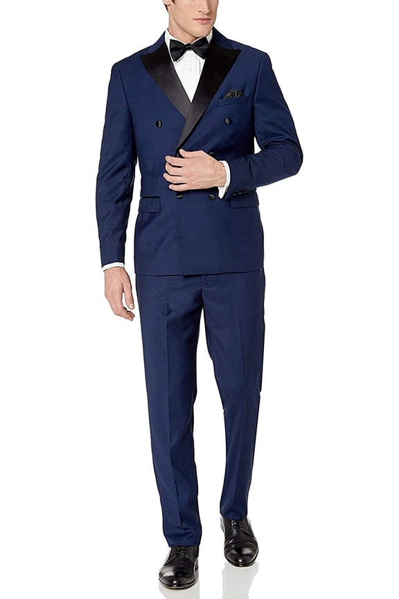 Westend Mens 911023T137 Slim Fit Double Breasted Peak Lapel Tuxedo - Midnight Blue - 34S