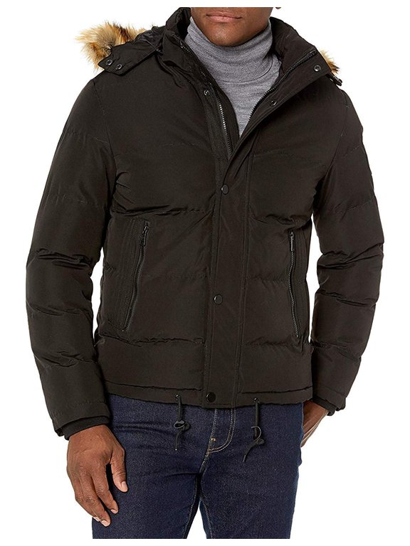 by AK Collection Men's 1602 Winter Puffer Coat Faux Fur Hooded Warm Coat - Black - 2XL