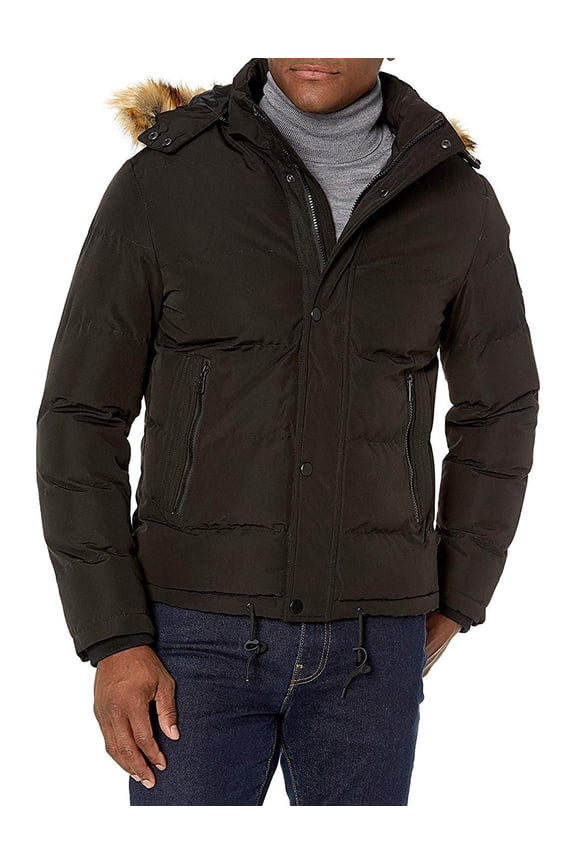 by AK Collection Men's 1602 Winter Puffer Coat Faux Fur Hooded Warm Coat - Black - XL