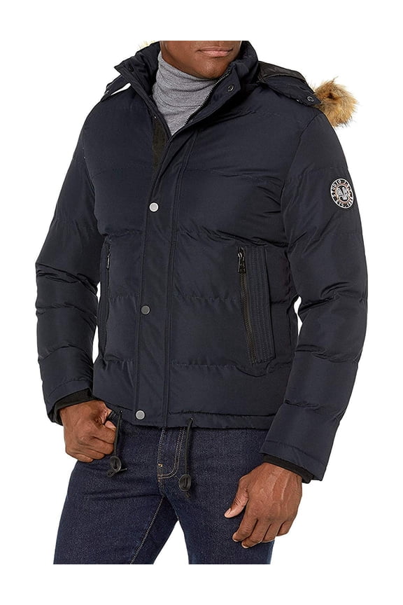 by AK Collection Men's 1602 Winter Puffer Coat Faux Fur Hooded Warm Coat - Navy - 2XL