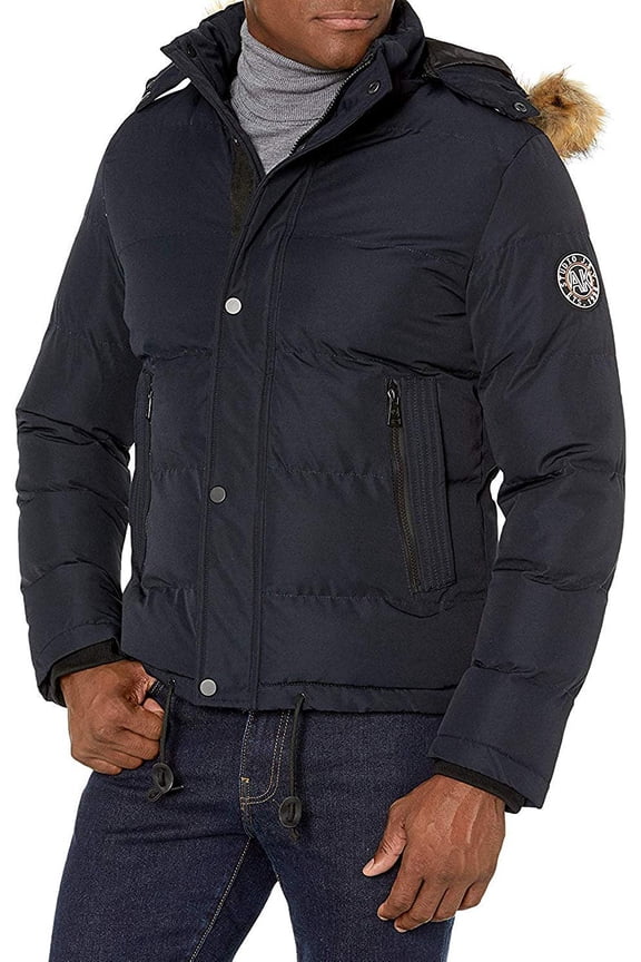 by AK Collection Men's 1602 Winter Puffer Coat Faux Fur Hooded Warm Coat - Navy - 3XL