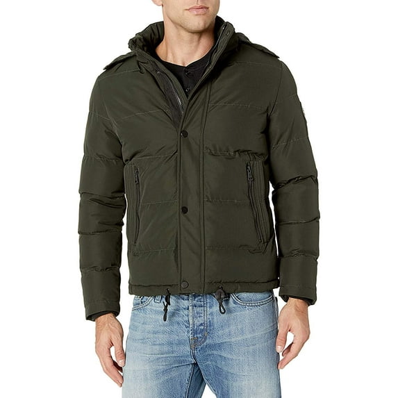 Adam Baker by AK Collection Men's 1602 Winter Puffer Coat Faux Fur Hooded Warm Coat - Olive - L