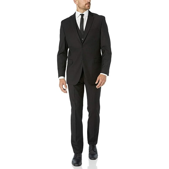 Adam Baker by Bertolini Men's B66050/1 Modern Fit 3-Piece Single Breasted Wool/Silk Blend Suit - Black - 50L