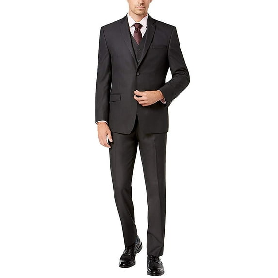 Adam Baker by Caravelli Men's 613702 Single Breasted Stretch Slim Fit Stretch 2-Button Vested Suit Set - Charcoal - 34S
