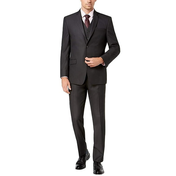 Adam Baker by Caravelli Men's 613702 Single Breasted Stretch Slim Fit Stretch 2-Button Vested Suit Set - Charcoal - 42S