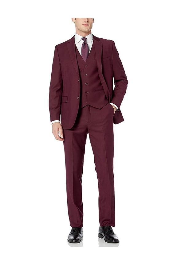 by Caravelli Men's 613709 Single Breasted Stretch Slim Fit Stretch 2-Button Vested Suit Set - Burgundy - 36S