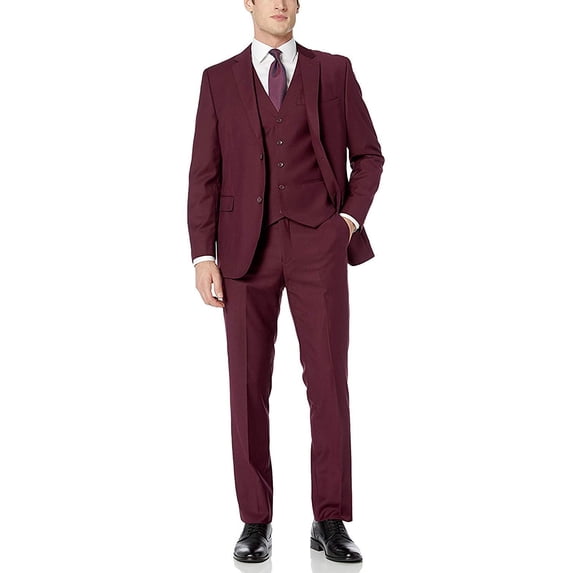 Adam Baker by Caravelli Men's 613709 Single Breasted Stretch Slim Fit Stretch 2-Button Vested Suit Set - Burgundy - 38R