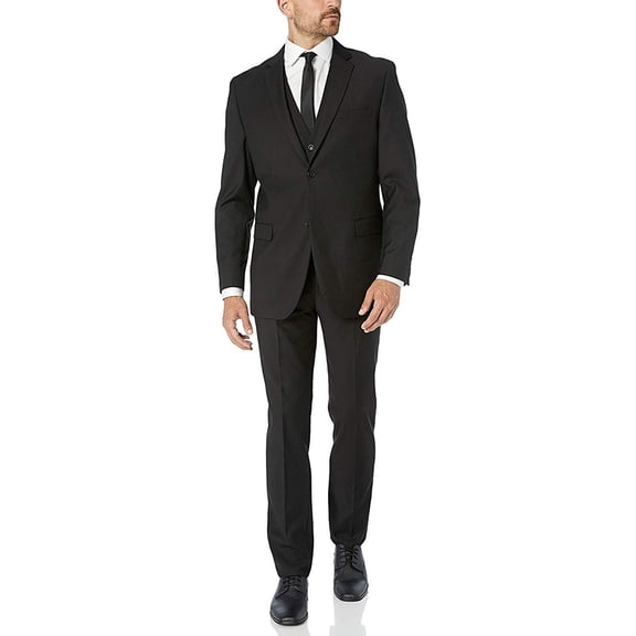 Adam Baker by Bertolini Men's B66050/1 Modern Fit 3-Piece Single Breasted Wool/Silk Blend Suit - Black - 40R