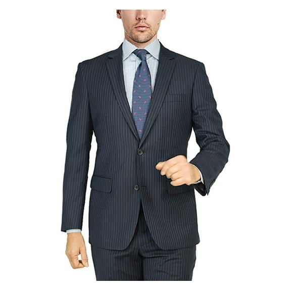Adam Baker by Mantoni M87130 Men's Modern Fit 100% Wool Two-Piece Notch Lapel Suit - Navy Pinstripe - 56R