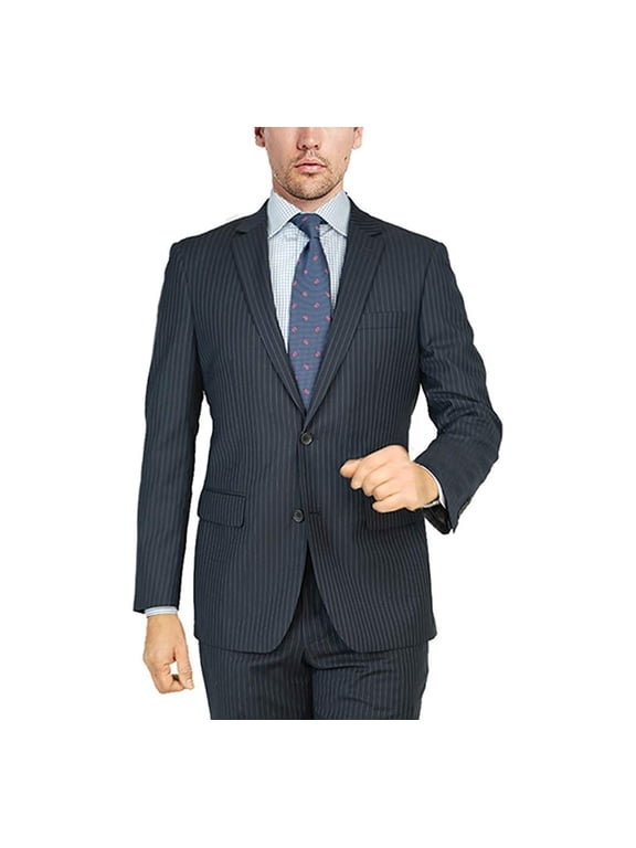 by Mantoni M87130 Men's Modern Fit 100% Wool Two-Piece Notch Lapel Suit - Navy Pinstripe - 56R