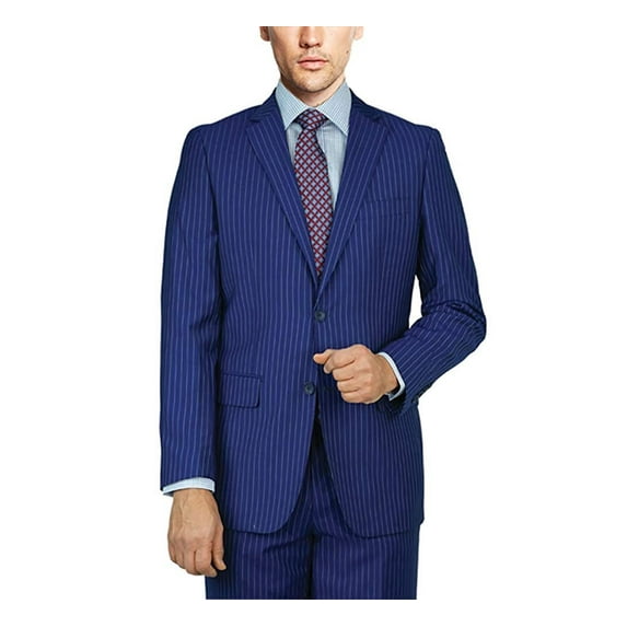 Adam Baker by Mantoni M87176 Men's Modern Fit 100% Wool Two-Piece Notch Lapel Suit - Blue Stripe - 40L
