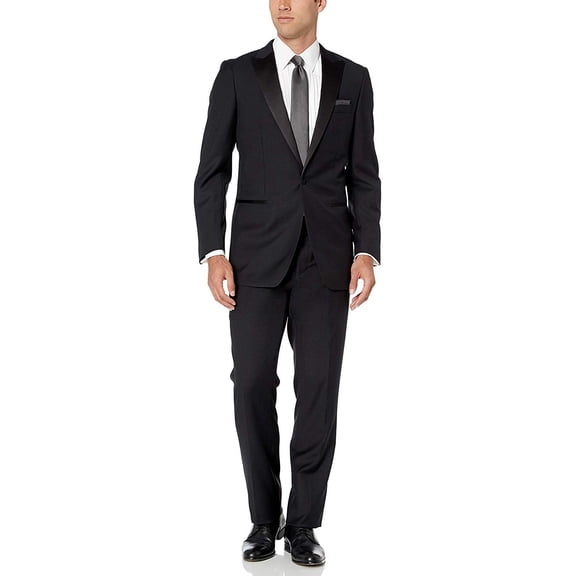 Adam Baker by Mantoni Men's Regular Fit 100% Wool Peak Lapel Tuxedo - Black - 40R