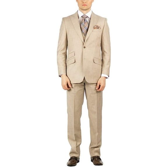 Adam Baker by Needle & Stitch 12965 Mens 3-Piece Peak Lapel Modern Fit Suit - Beige - 58L