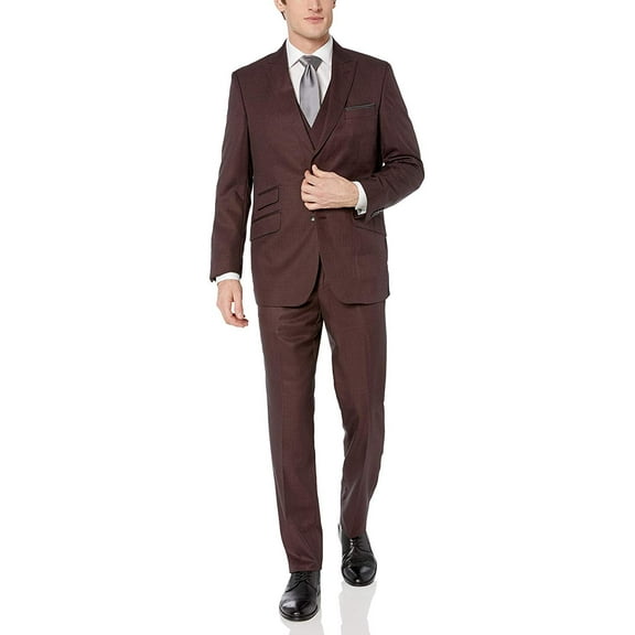 Adam Baker by Needle & Stitch 12965 Mens 3-Piece Peak Lapel Modern Fit Suit- Burgundy - 40S