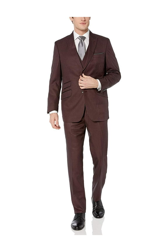by Needle & Stitch 12965 Mens 3-Piece Peak Lapel Modern Fit Suit- Burgundy - 40S