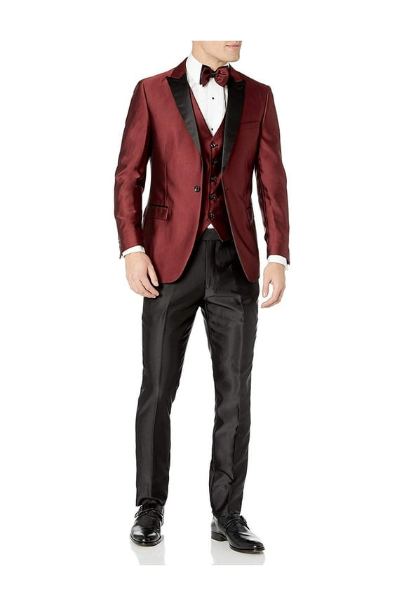 by Needle & Stitch Mens Tux-Shark 3-Piece Slim Fit Tuxedo Suit Set - Burgundy - 36S
