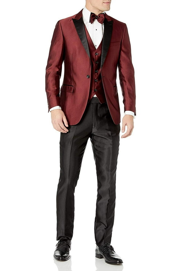 by Needle & Stitch Mens Tux-Shark 3-Piece Slim Fit Tuxedo Suit Set - Burgundy - 40R