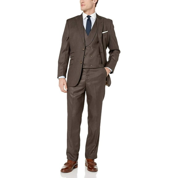 Adam Baker by Needle & Stitch PV-0177 Mens 3-Piece Peak Lapel Modern Fit Suit- Brown - 44R