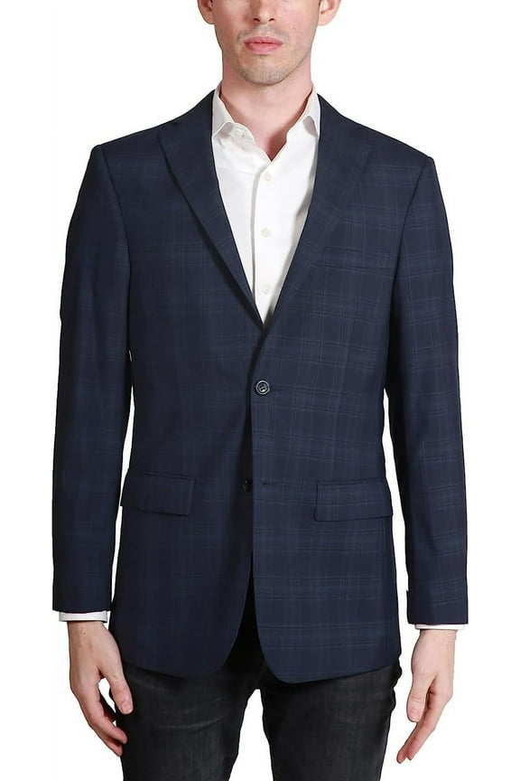 by Prontomoda Men's Single Breasted Classic Fit 100% Luxury Lamb's Wool Blazer/Sport Coat - Navy Plaid - 36R