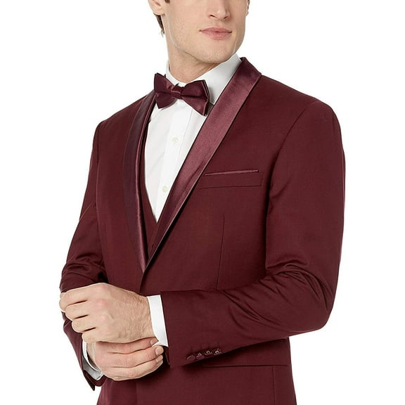 Adam Baker by Statement Men's Single Breasted Three Piece Shawl Collar Tuxedo - Burgundy - 36R