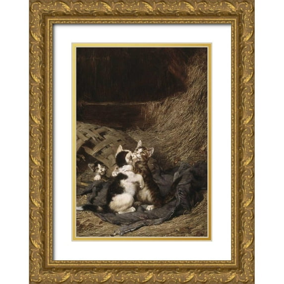 Adam, Julius 18x24 Gold Ornate Wood Framed with Double Matting Museum Art Print Titled - Kittens in the Hay