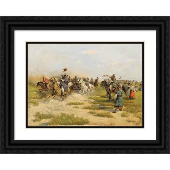 Adam Kazimierz Ciemniewski 18x14 Black Ornate Wood Framed Double Matted Museum Art Print Titled - Riders Arriving at a Village (1892)