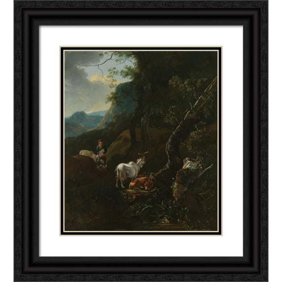 Adam Pynacker 15x17 Black Ornate Wood Framed Double Matted Museum Art Print Titled - A Sherpherdess with Animals in a Mountainous Landscape (1649 - 1673)