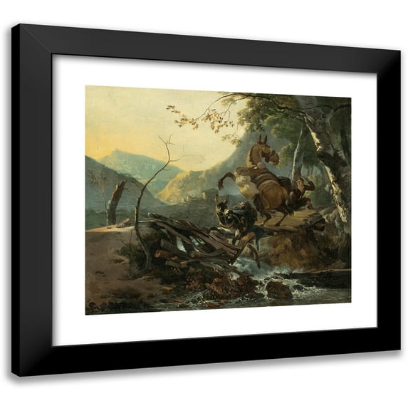 Adam Pynacker 17x15 Black Modern Framed Museum Art Print Titled - Italianate Landscape with a Donkey and a Rearing Horse Crossing a Collapsing Bridge