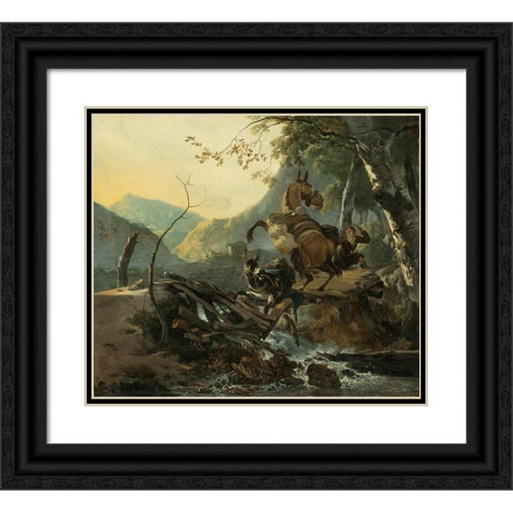 Adam Pynacker 17x15 Black Ornate Wood Framed Double Matted Museum Art Print Titled - Italianate Landscape with a Donkey and a Rearing Horse Crossing a Collapsing Bridge