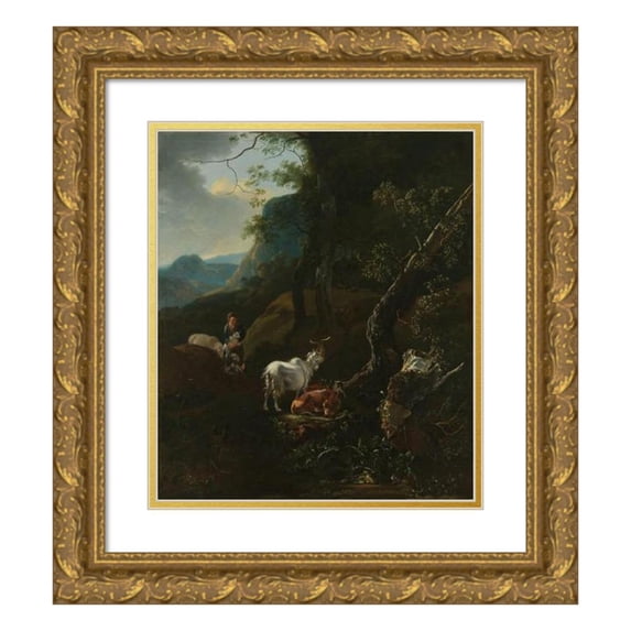 Adam Pynacker 20x23 Gold Ornate Framed and Double Matted Museum Art Print Titled - A Sherpherdess with Animals in a Mountainous Landscape (1649 - 1673)