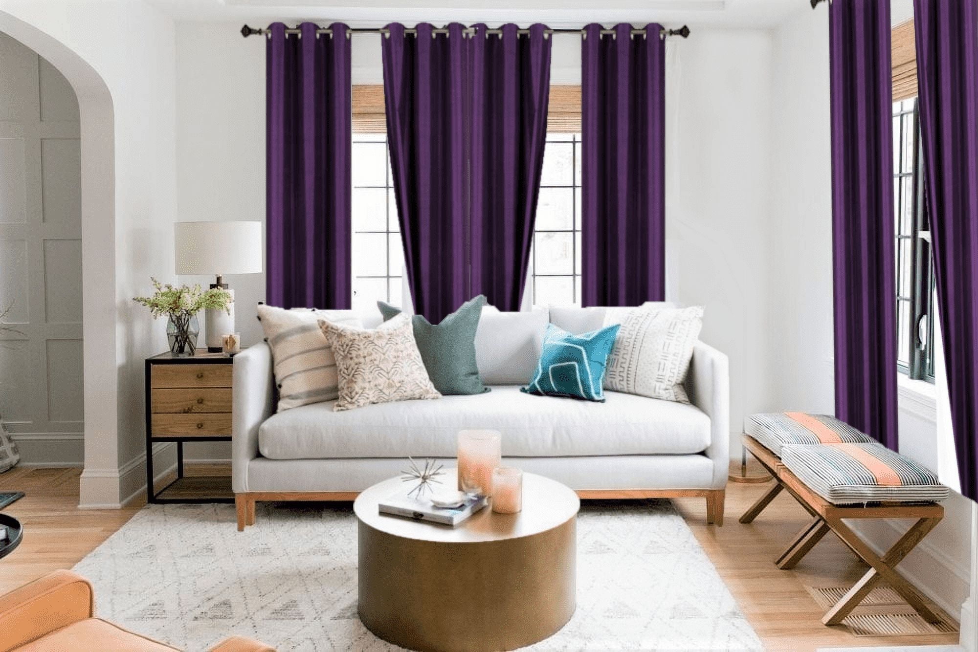 Adam Set of 2 Panels Grommet Top, Blackout Faux Silk Purple Window Curtain 63" Long 100% Sun light Blocking & Privacy