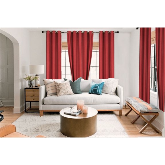 Adam Set of 2 Panels Grommet Top, Blackout Faux Silk Red Window Curtain 63" Long 100% Sun light Blocking & Privacy