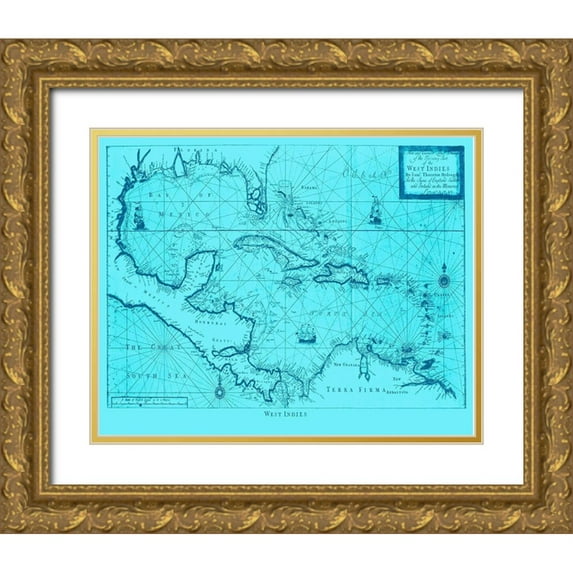 Adam Shaw Cartography 24x20 Gold Ornate Wood Framed with Double Matting Museum Art Print Titled - Blue West Indies