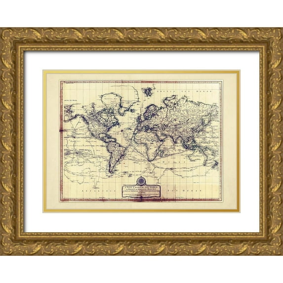 Adam Shaw Cartography 32x24 Gold Ornate Wood Framed with Double Matting Museum Art Print Titled - New Chart OF The World