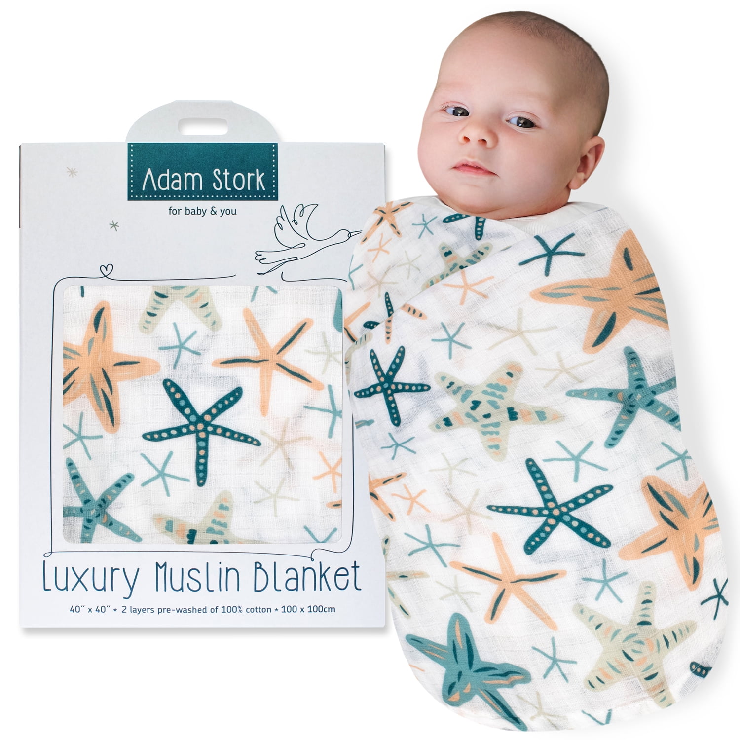 Adam Stork. Organic Cotton Muslin Baby Swaddle Blanket Large 40 x 40