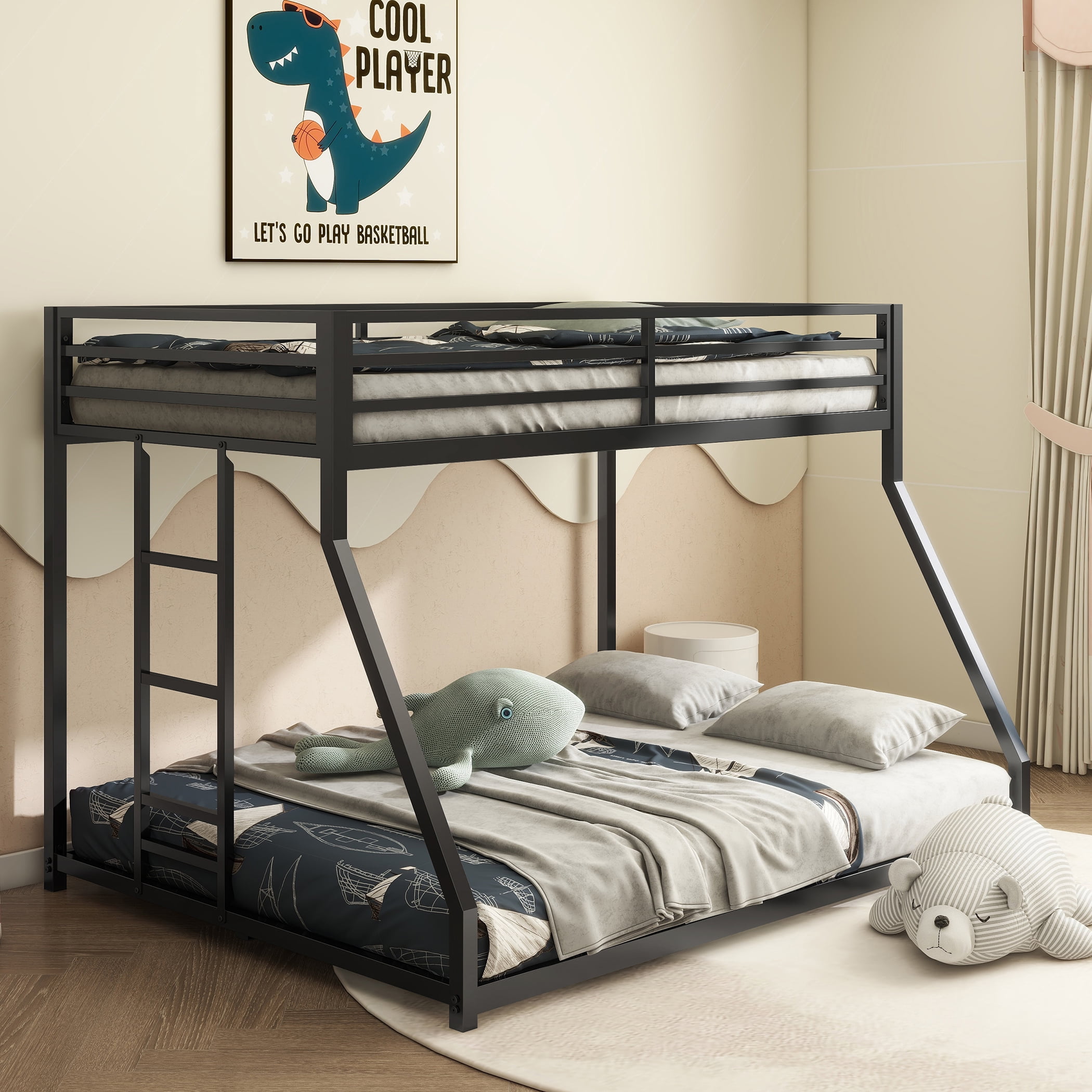 Adam Sturdy Twin over Full Bunk Bed Metal Black for Kids and Adult, Low Profile Twin over Full Bunk Bed with Ladder and Guardrails, Easy Climbing, Beds for Bedroom