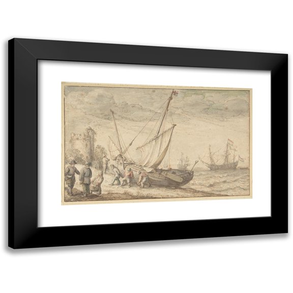 Adam Willaerts 14x11 Black Modern Framed Museum Art Print Titled - Fisherfolk Hauling Their Boat onto the Shore