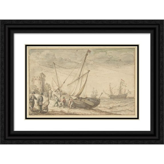 Adam Willaerts 18x13 Black Ornate Wood Framed Double Matted Museum Art Print Titled - Fisherfolk Hauling Their Boat onto the Shore