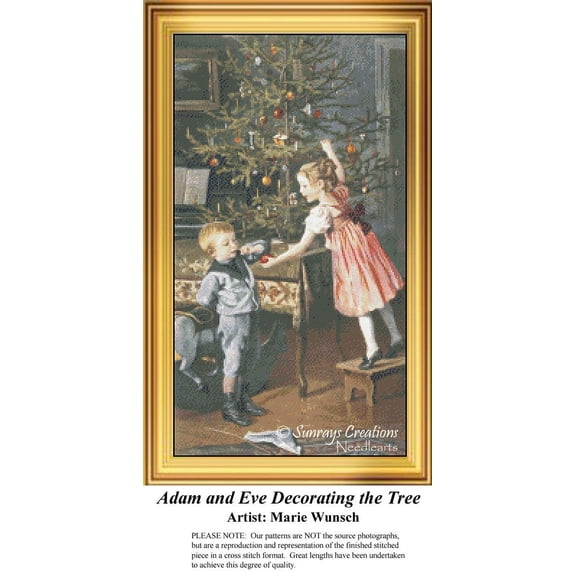 Adam and Eve Decorating the Tree,Vintage Christmas Cross Stitch (Pattern Only, You Provide the Floss and Fabric)