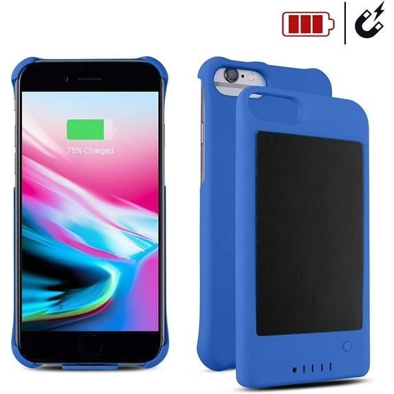 Adam iPhone 6/7/8 Protective Case/Extended Battery Solar Powered Detachable Ultra-Slim Magnetic External Battery with Ultra-Fast Charging Port and Finger Ring/Stand Attached (Blue)
