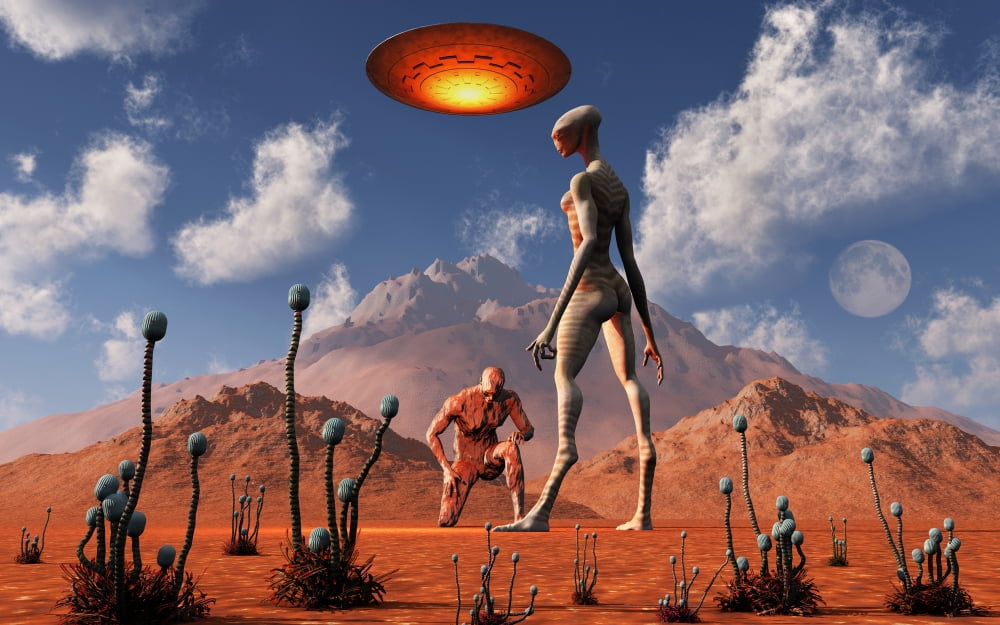 Adam meeting an alien reptoid being Canvas Art - Mark StevensonStocktrek Images (18 x 12)