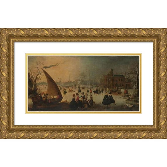 Adam van Breen 14x9 Gold Ornate Wood Frame and Double Matted Museum Art Print Titled - Landscape with Frozen Canal, Skaters and an Ice-Boat (1611)