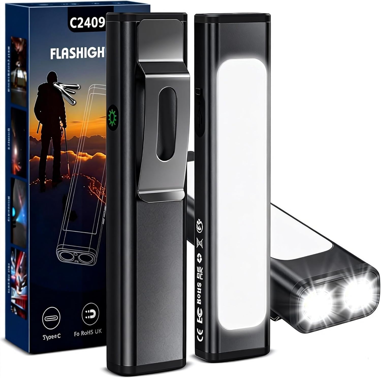 AdamStar EDC Flat Flashlight Rechargeable, High Lumen Small Flash Light with Cap Clip, 9 Modes Portable Magnetic Flashlight with COB White/Blue/Red LED Combo for Working, Camping, Emergency (2Pack)