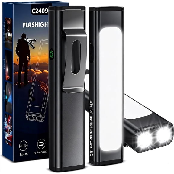 AdamStar EDC Flat Flashlight Rechargeable, High Lumen Small Flash Light with Cap Clip, 9 Modes Portable Magnetic Flashlight with COB White/Blue/Red LED Combo for Working, Camping, Emergency (2Pack)