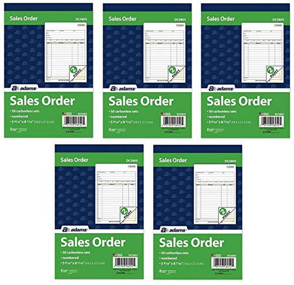 Adams 2-Part Carbonless Sales Order Book, White/Canary, 5-9/16" x 8-7/16", 50 Sets, 5 Count Pack
