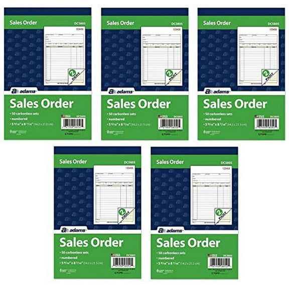 Adams 2-Part Carbonless Sales Order Book, White/Canary, 5-9/16" x 8-7/16", 50 Sets, 5 Count Pack