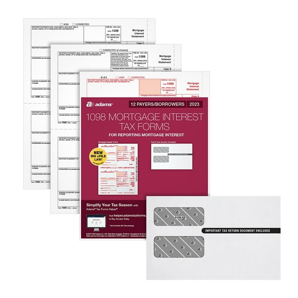 Adams 2023 1098 Mortgage Interest Statement Tax Forms with Self Seal Envelopes 3-Part 12/Pack